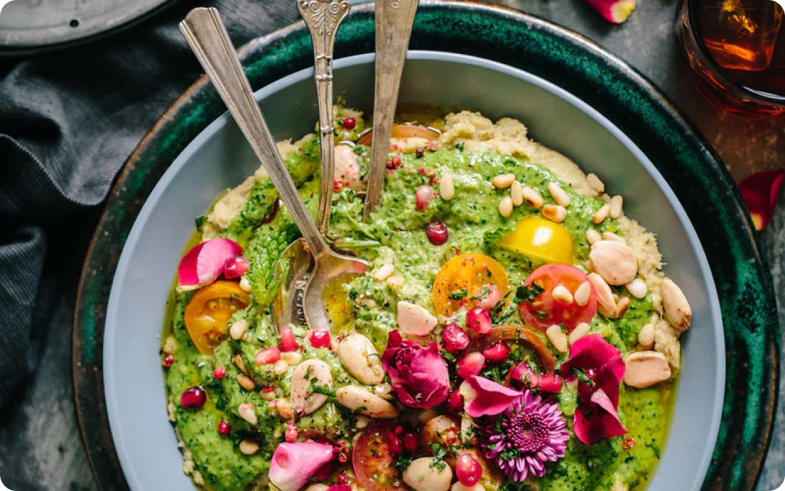 Photo of couscous with basil, tomatoes and cashews